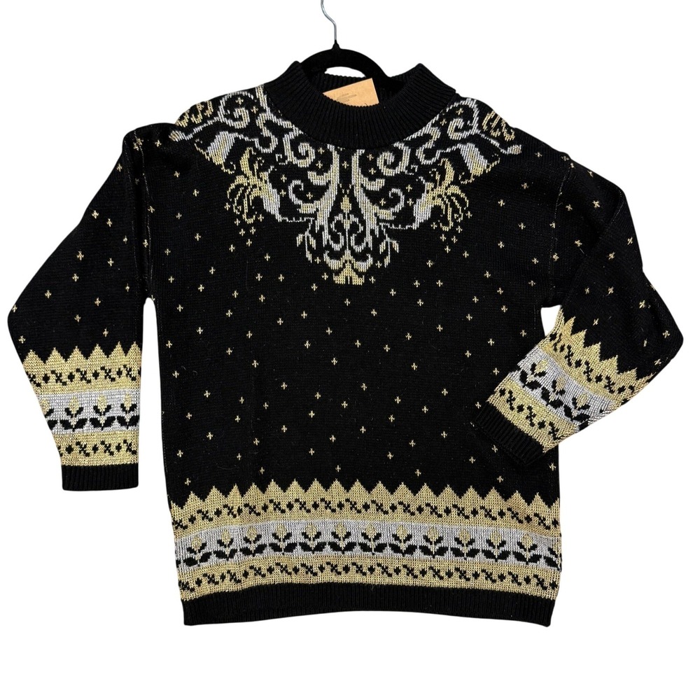TRIMMINGS Black Gold‎ Fair Isle Knit Sweater Women's Vintage Pattern Top